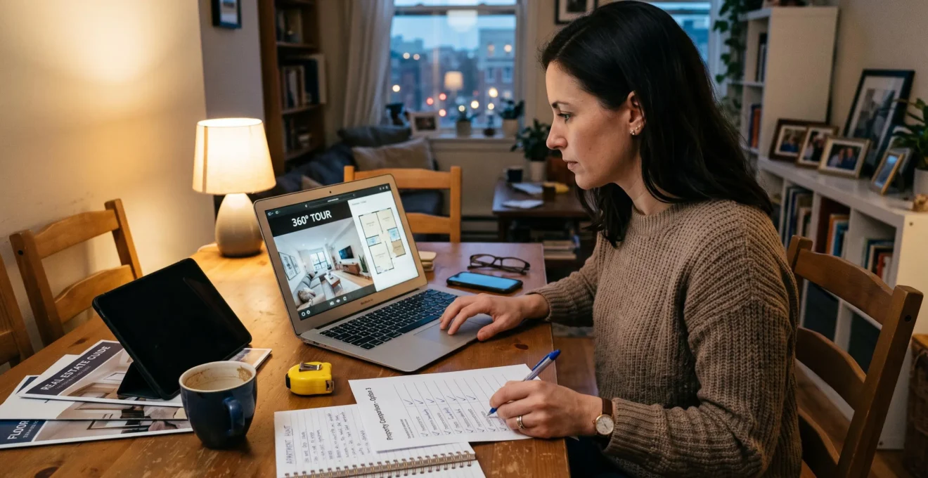 Une acheteuse compare une visite virtuelle immobilière sur son ordinateur portable en prenant des notes à son domicile.