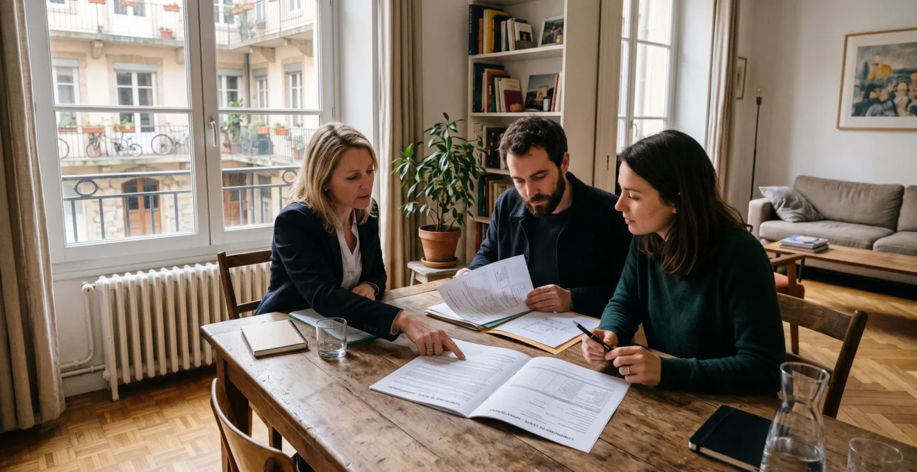 Deux acquéreurs examinent un compromis de vente avec une professionnelle avant de signer dans l'appartement concerné.
