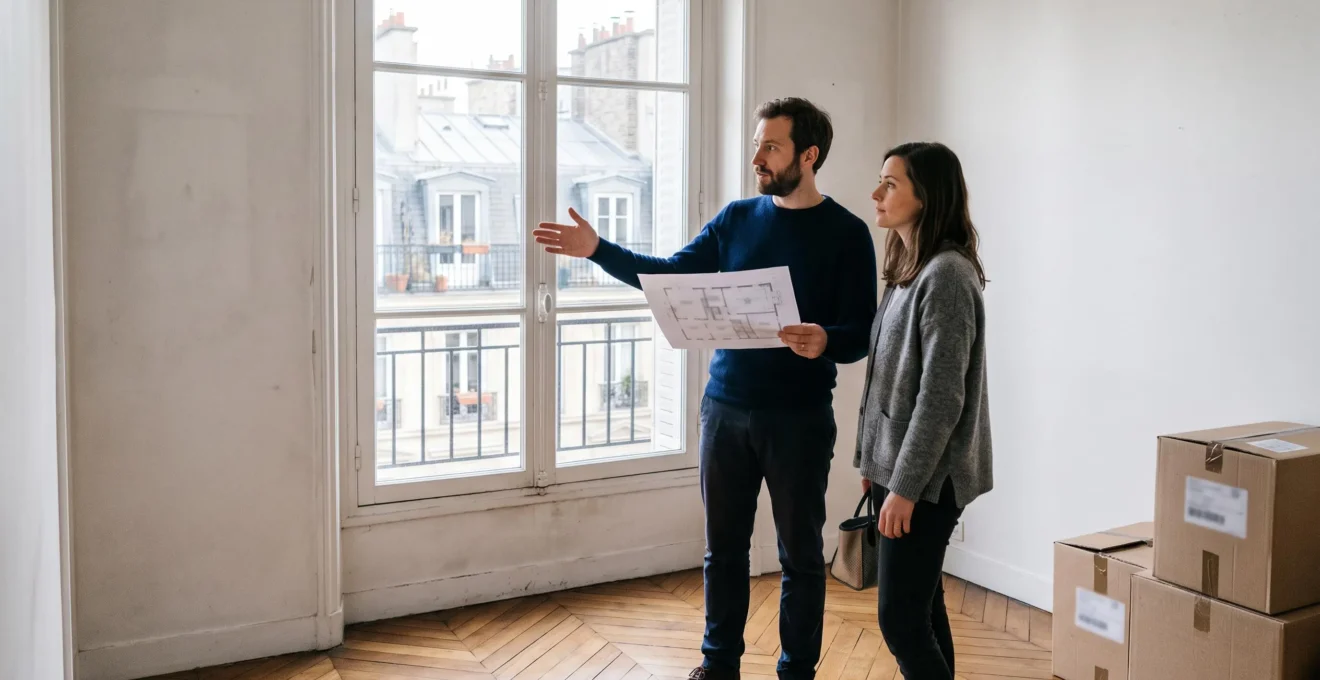 Un couple visite un appartement lumineux et compare un plan du logement avec la pièce en regardant la vue sur la ville.
