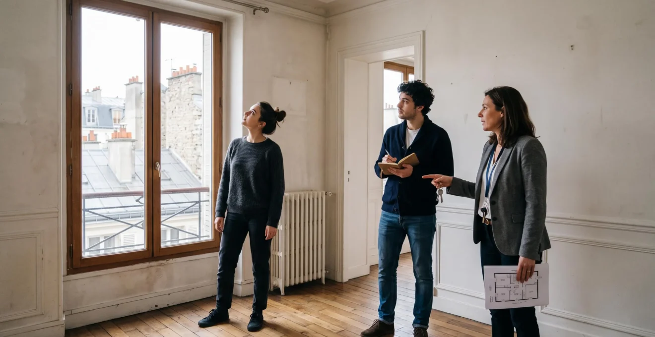 Un couple visite un appartement avec un agent immobilier, examinant la pièce et prenant des notes près de la fenêtre.