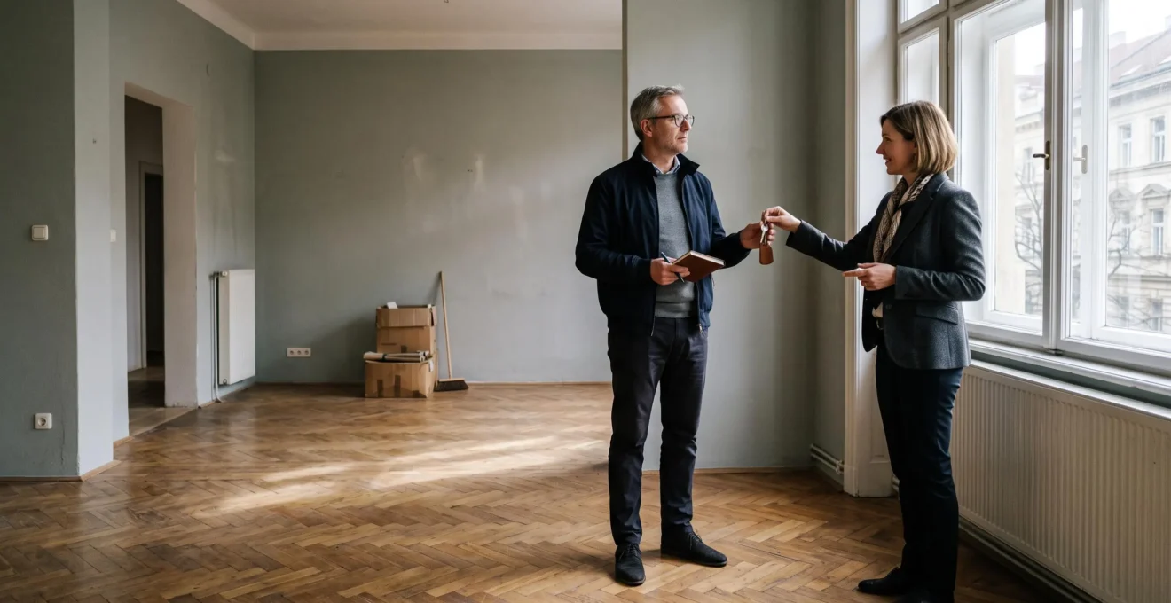 Un investisseur visite un appartement vide avec un agent immobilier qui lui remet un trousseau de clés lors d'un achat en viager libre.