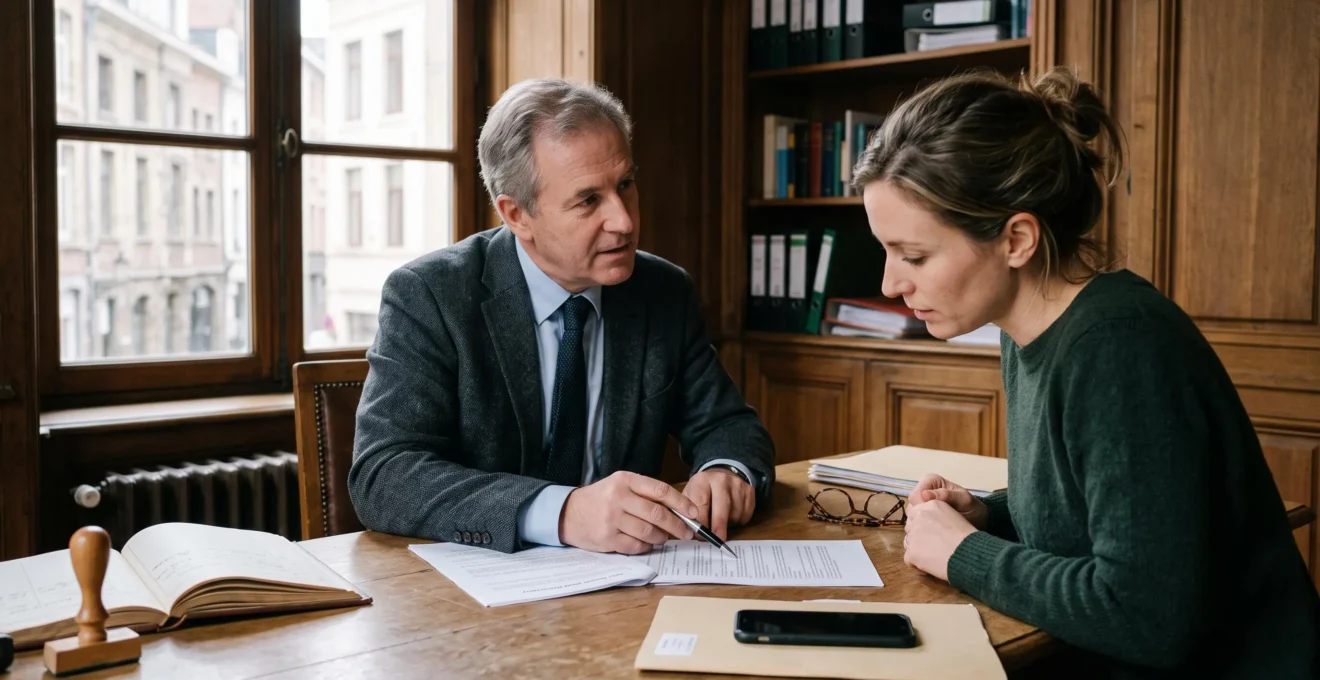 Un notaire et un acquéreur examinent ensemble une clause d'une promesse de vente posée sur le bureau du cabinet, durant une séance de signature.