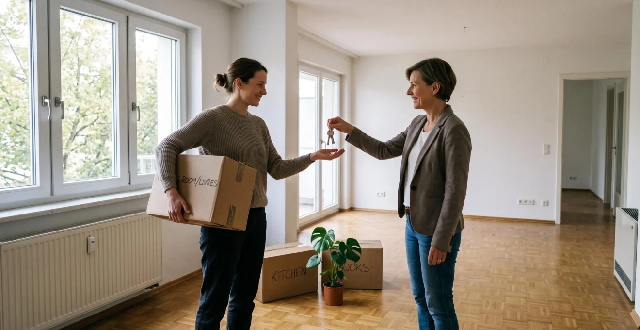 Un propriétaire remet les clés d'un appartement vide à une locataire dans un séjour avec des cartons de déménagement.