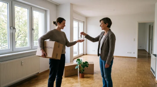 Un propriétaire remet les clés d'un appartement vide à une locataire dans un séjour avec des cartons de déménagement.