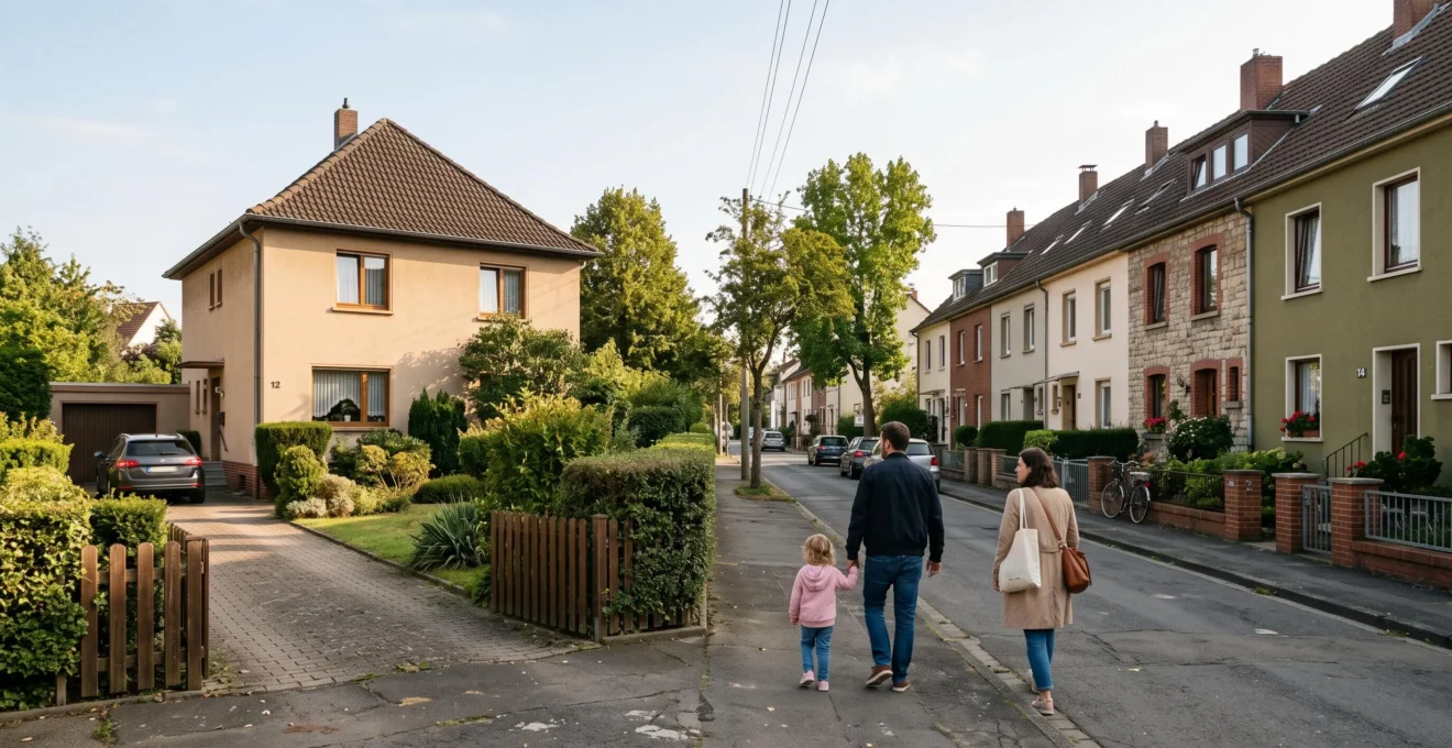 Une famille marche dans une rue résidentielle européenne bordée d'une maison individuelle et de maisons mitoyennes.