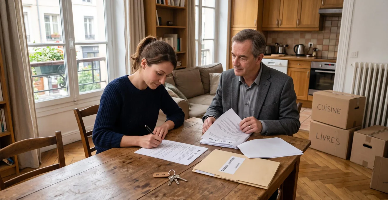Une locataire signe un contrat de location devant le propriétaire dans le séjour d'un appartement avant son emménagement.