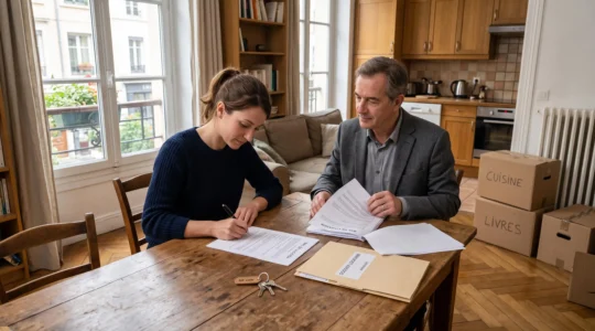 Une locataire signe un contrat de location devant le propriétaire dans le séjour d'un appartement avant son emménagement.