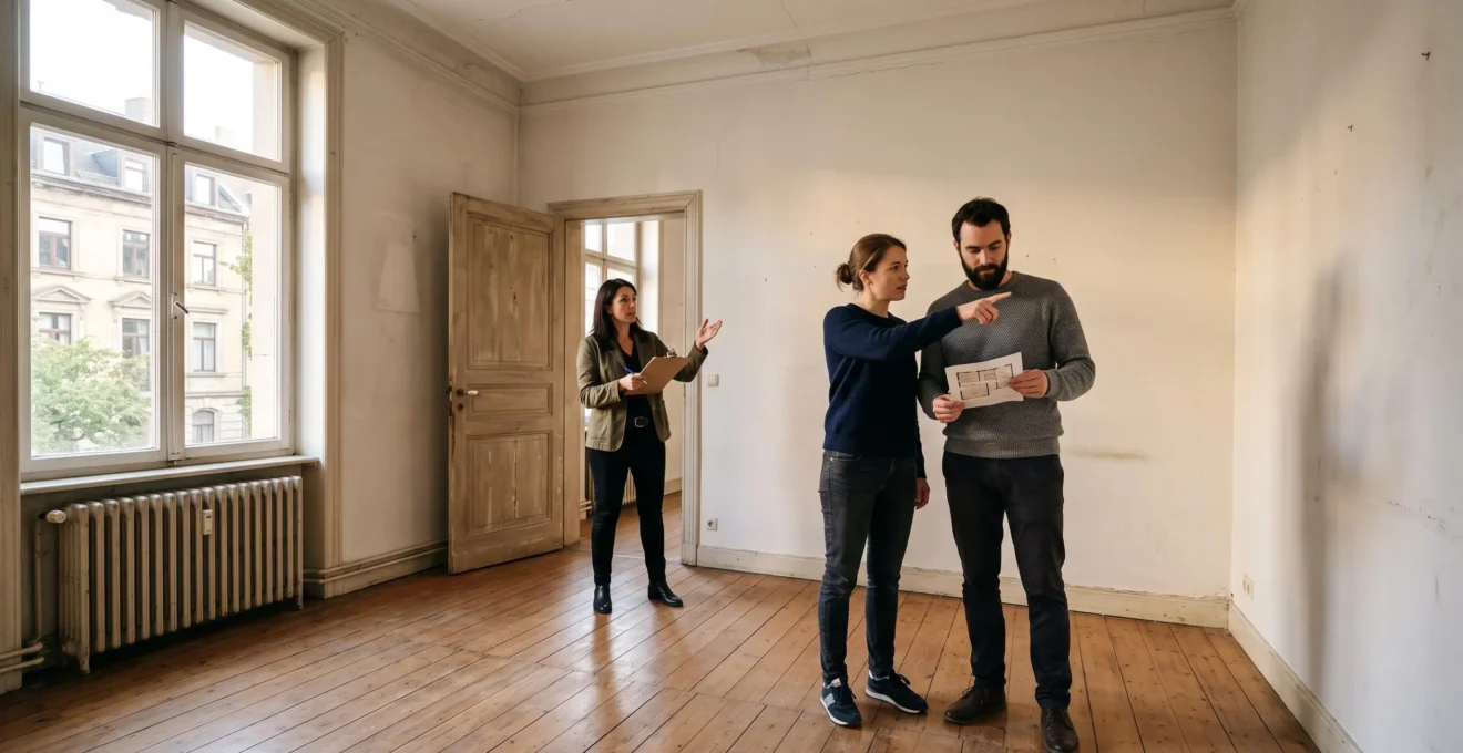 Un couple visite un appartement vide avec un agent immobilier qui leur explique l'état des pièces.